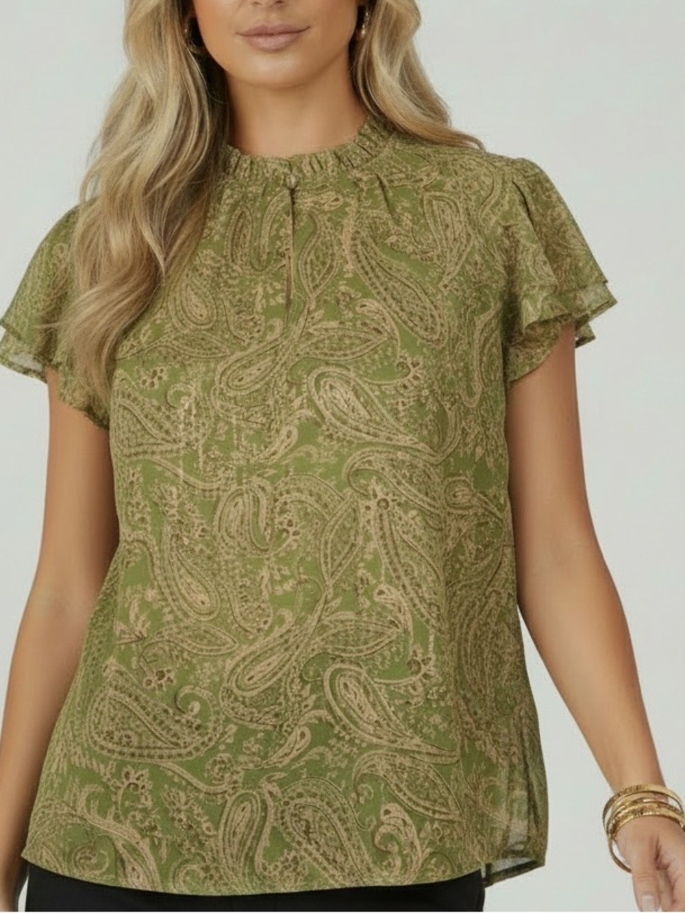 NWT CECE Green Paisley Shimmer Keyhole Ruffle Short Sleeve Blouse Size Large